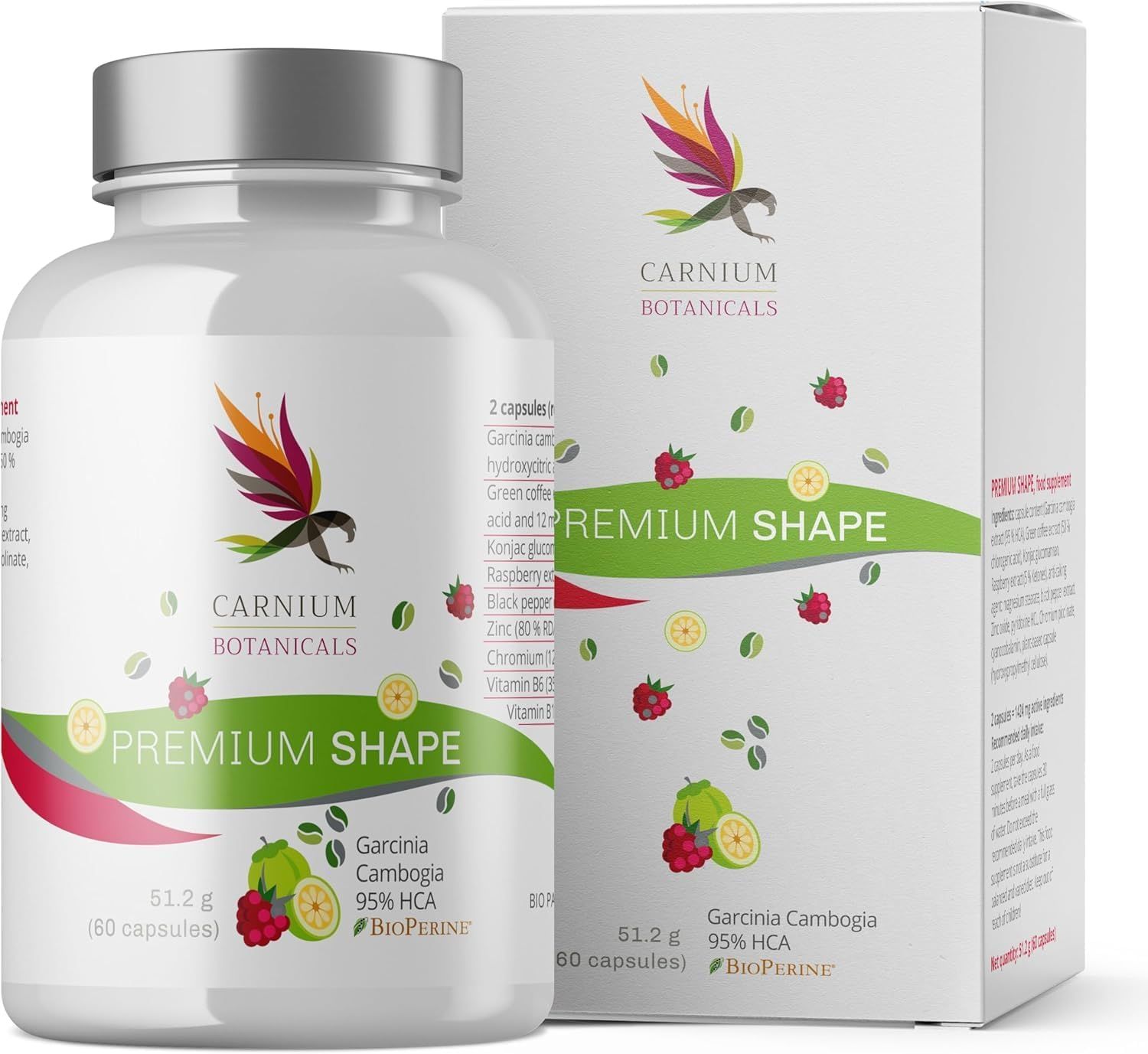 Witte fles en doos met etiket "Premium Shape". Opschrift: Garcinia Cambogia, 95% HCA. Bevat 60 capsules. Achtergrond: fruit.
