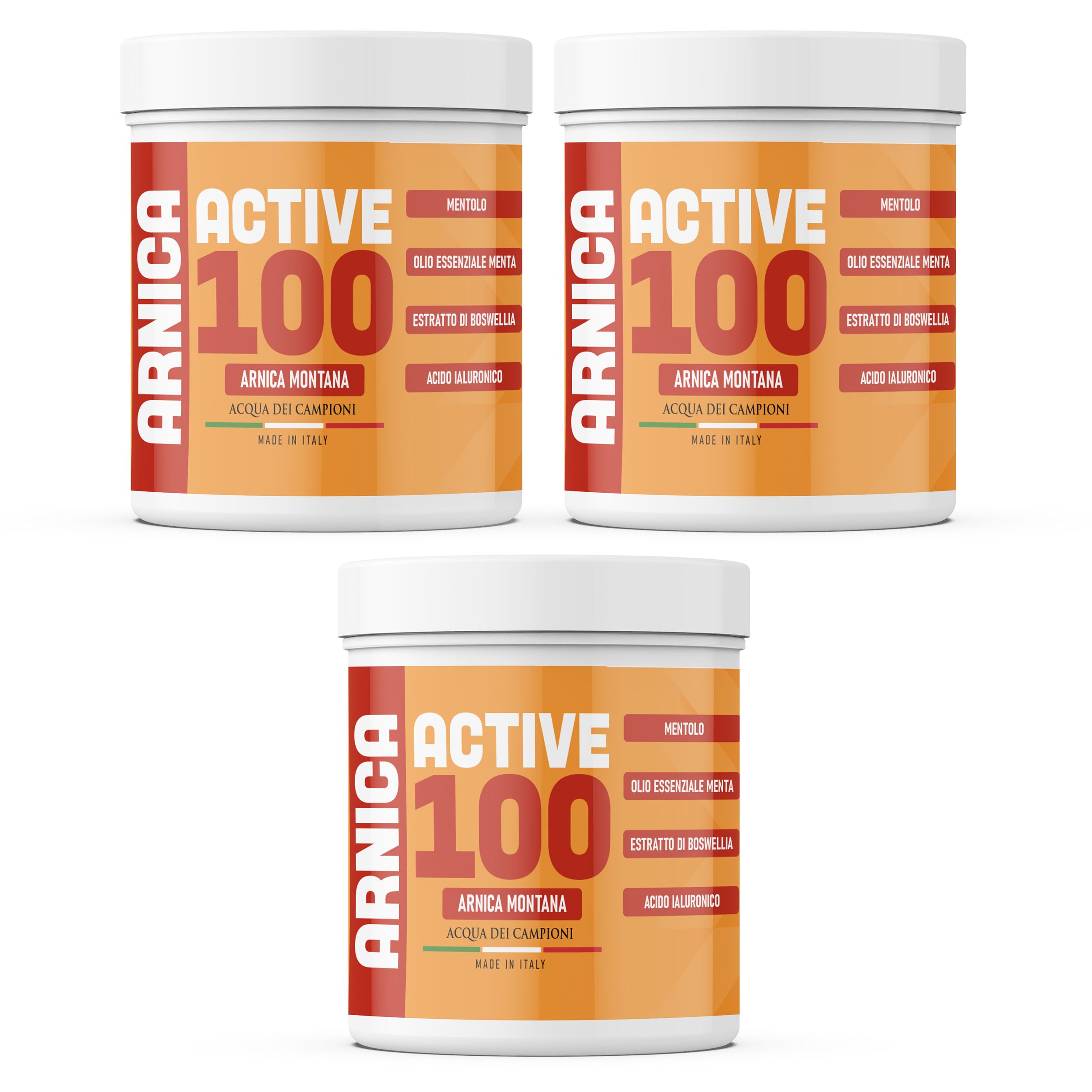 Drie witte potten met oranje etiketten. De etiketten tonen "ACTIVE 100" en "ARNICA".