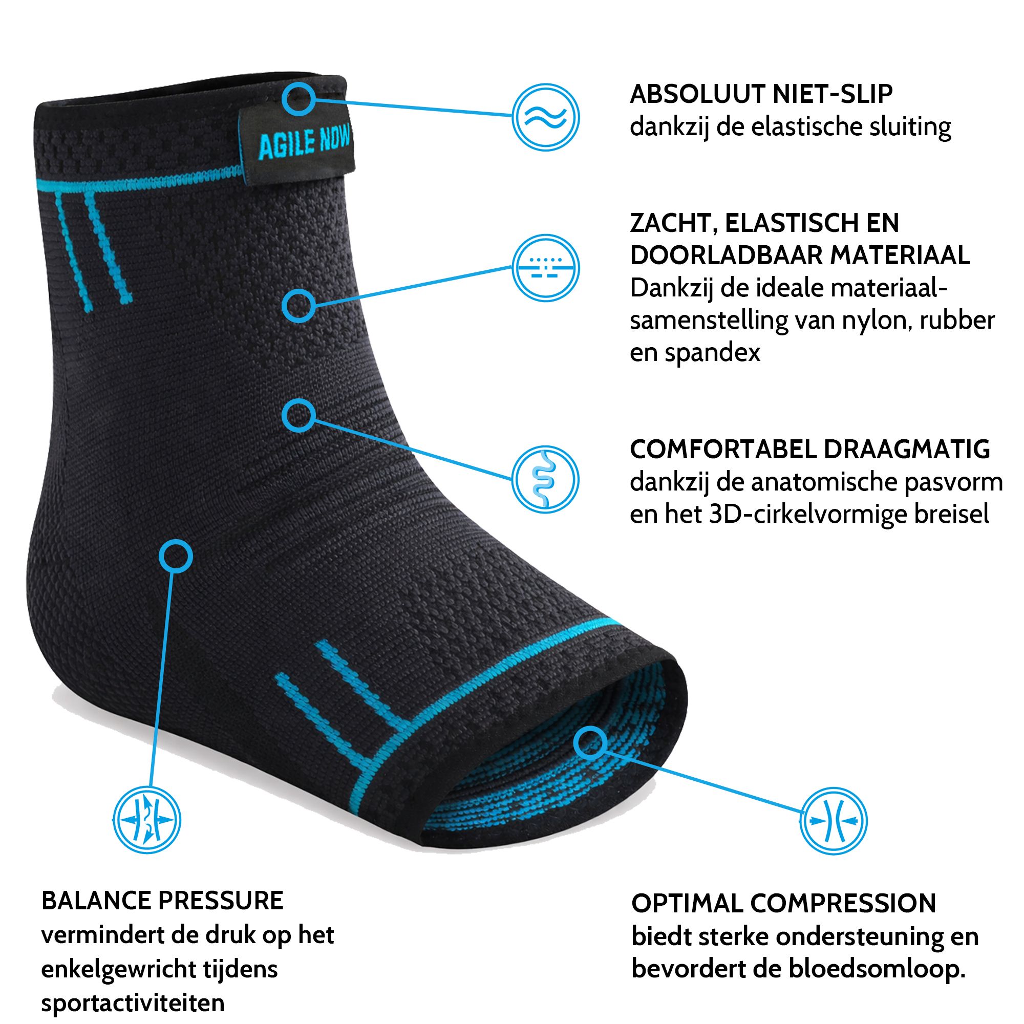 Zwarte enkelbrace. Textiel. Logo. Antislip, ademend, compressie.