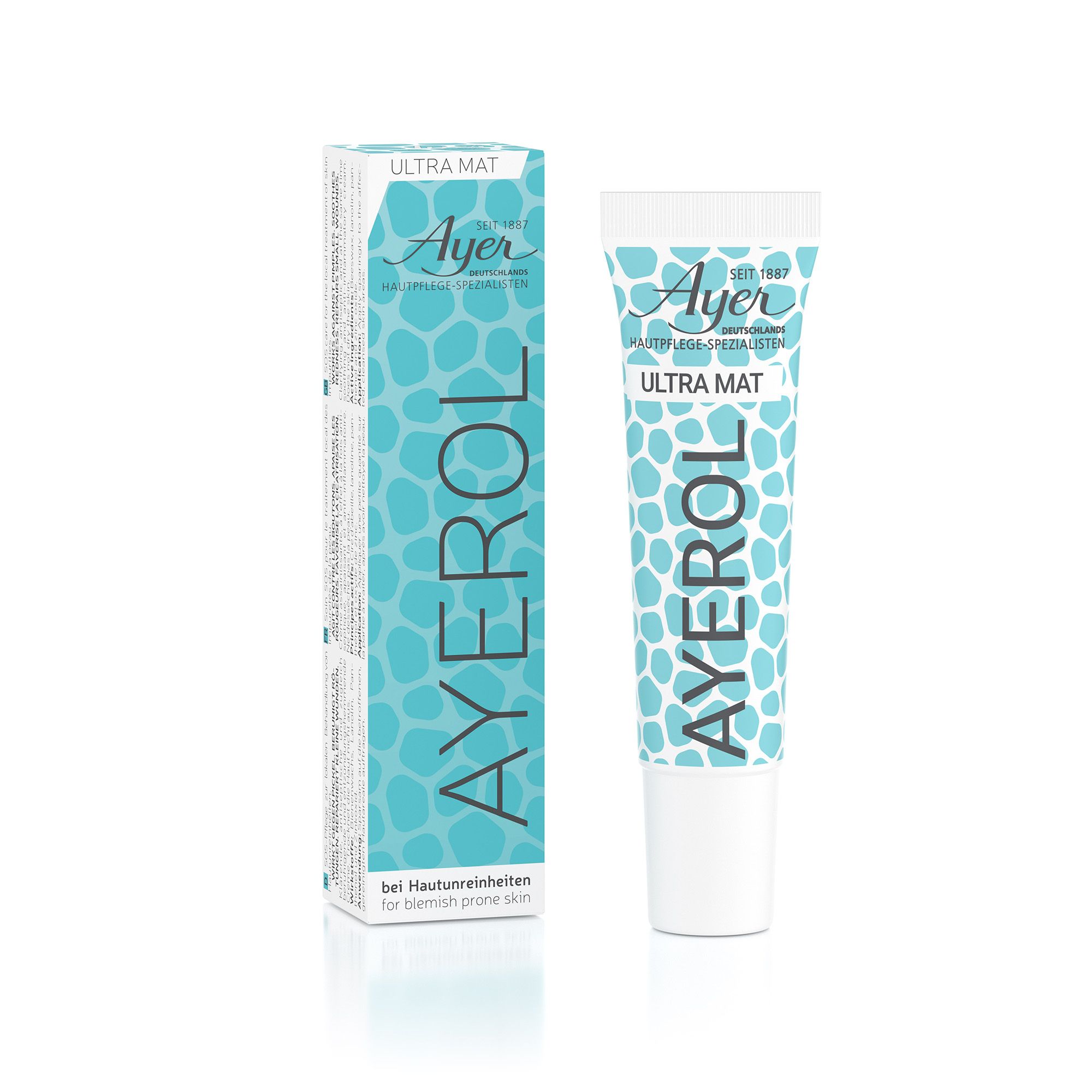 Tube et boîte Ayerol Ultra Mat. Design turquoise et blanc avec nom et logo du produit. Texte: pour peaux à problèmes.