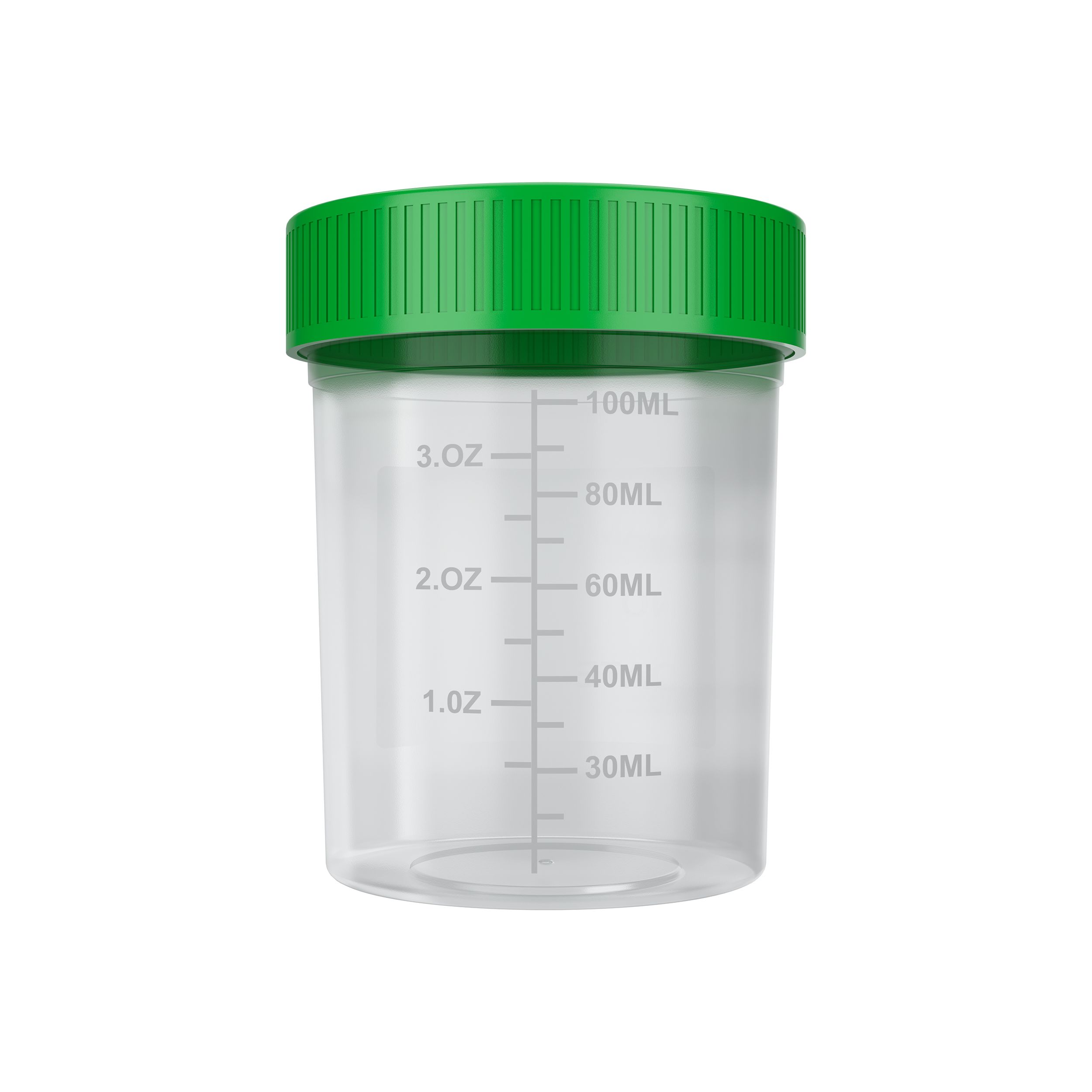 Transparante monsterbeker met groene deksel en volumemarkeringen tot 100ml.