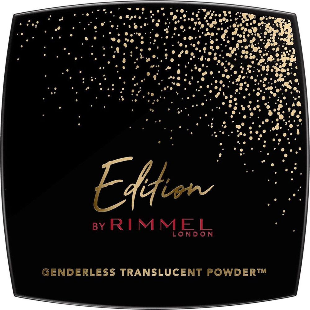 Zwarte compact poeder met gouden glitter. Opschrift: Edition by Rimmel London. Genderless Translucent Powder.