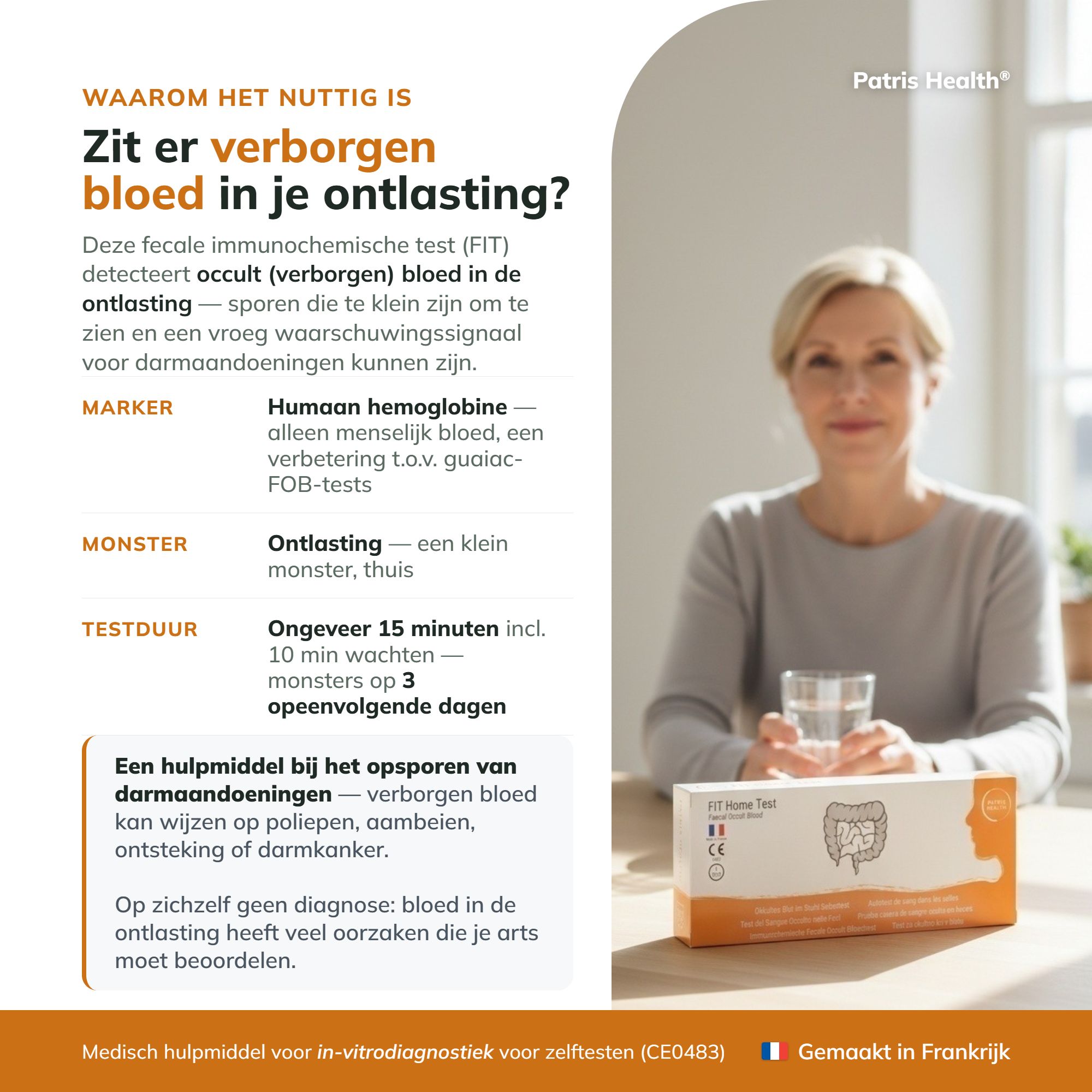 Belangrijk voor de FIT Home Test: niet tijdens menstruatie, geen vervanging voor arts.
