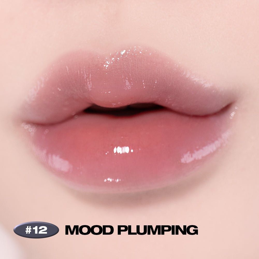 Lèvres brillantes avec l'inscription "#12 MOOD PLUMPING".