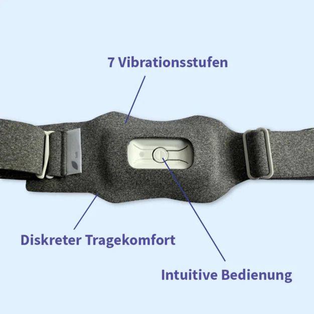 Sangle anti-ronflement grise avec texte: 7 niveaux de vibration, Confort discret, Utilisation intuitive. Sur fond bleu.