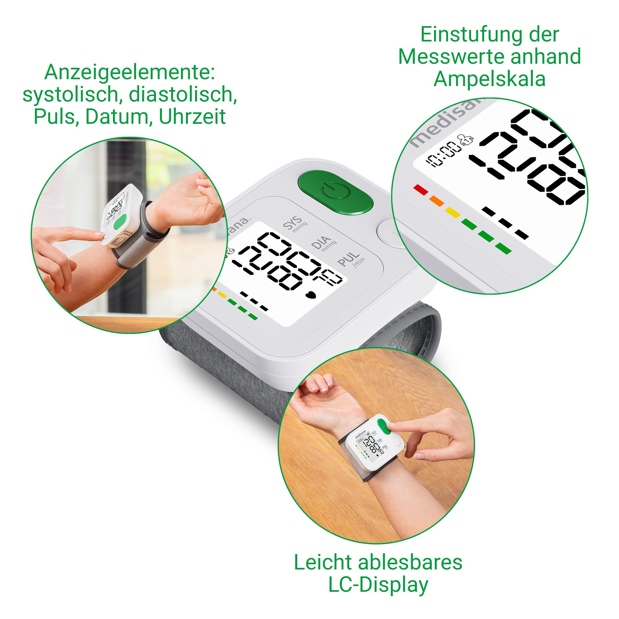 Medisana polsbloeddrukmeter met display en kleurenschaal.