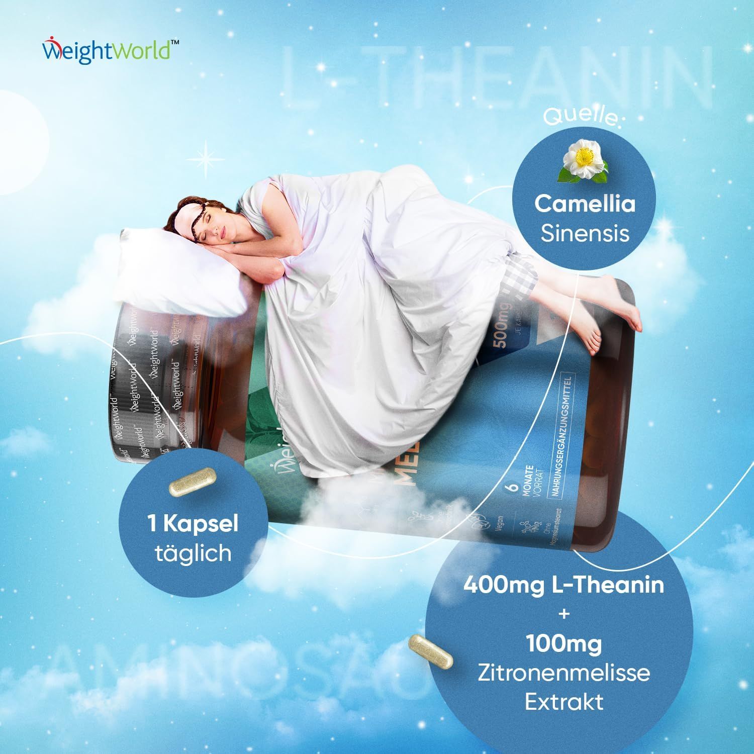Personne dormant à côté d'un flacon de L-Théanine avec Mélisse. 1 gélule par jour. 400mg L-Théanine + 100mg extrait.