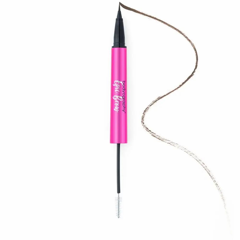 Roze pen met zwarte punt en borstel. Bruine lijn. Opschrift: Epic Brow, Bodyography.
