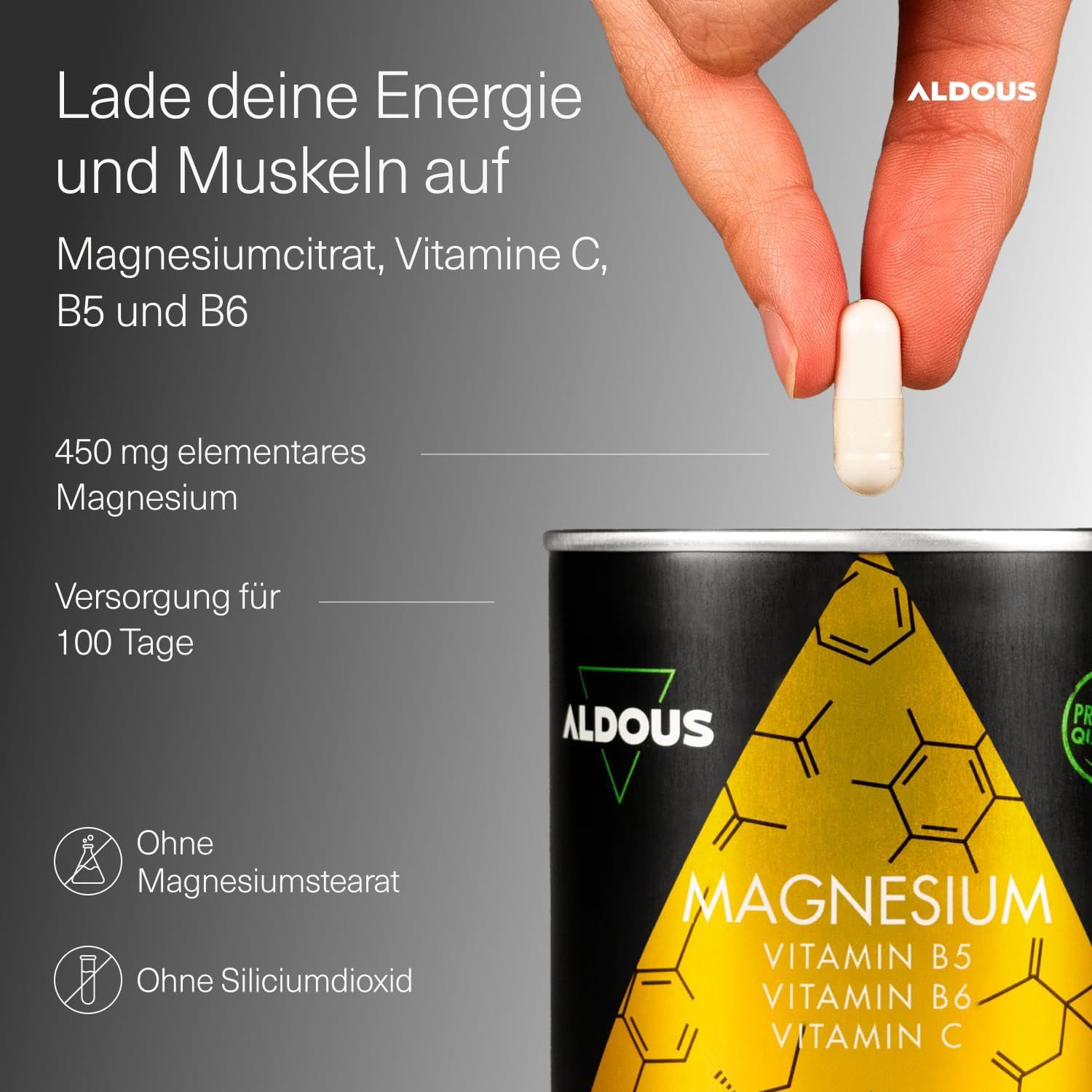 Main prend une capsule de citrate de magnésium Aldous de la boîte. Contient vitamines B5, B6, C.