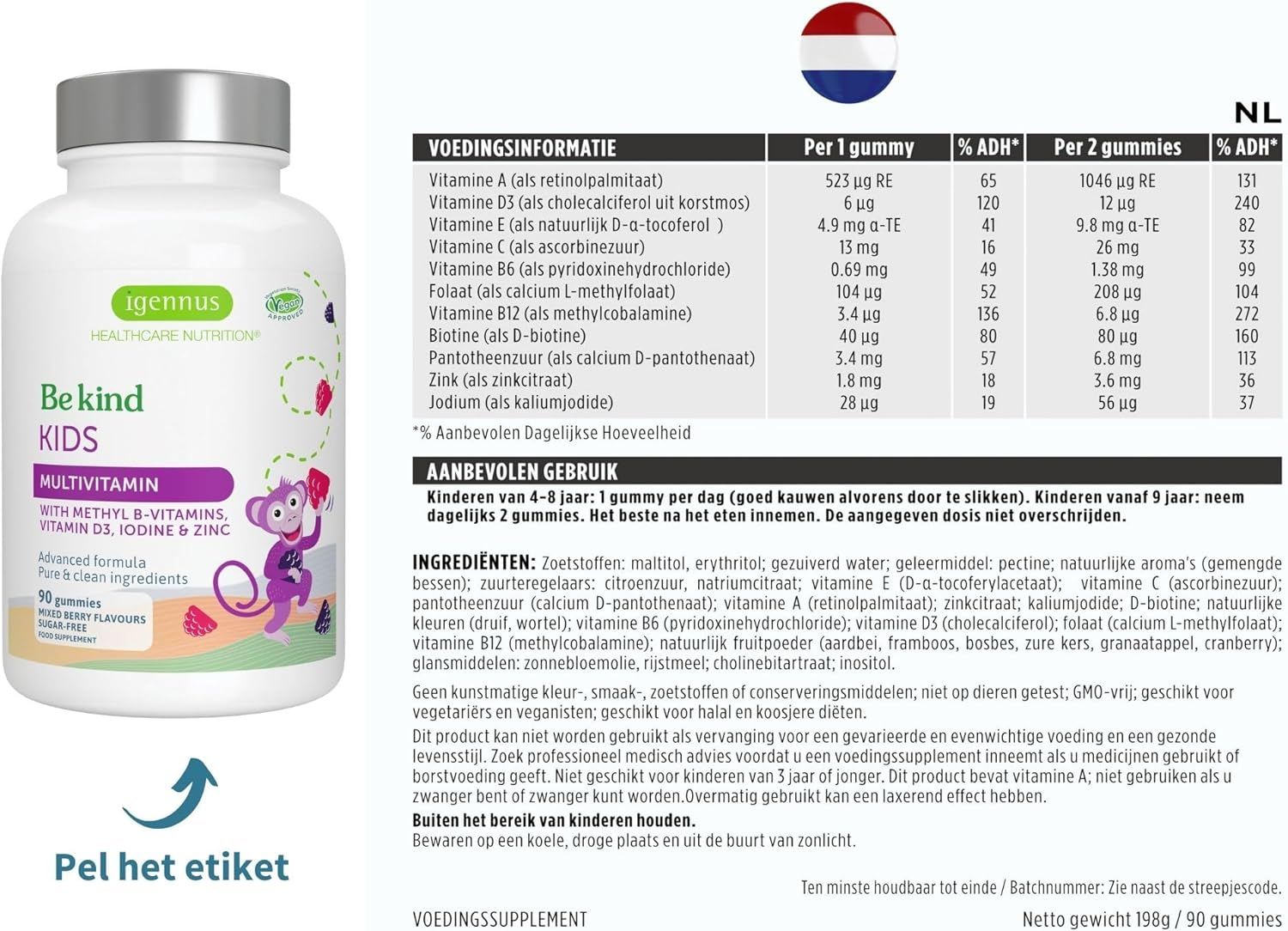 Fles Igennus Be Kind Kids Multivitamin gummies met apenillustratie.