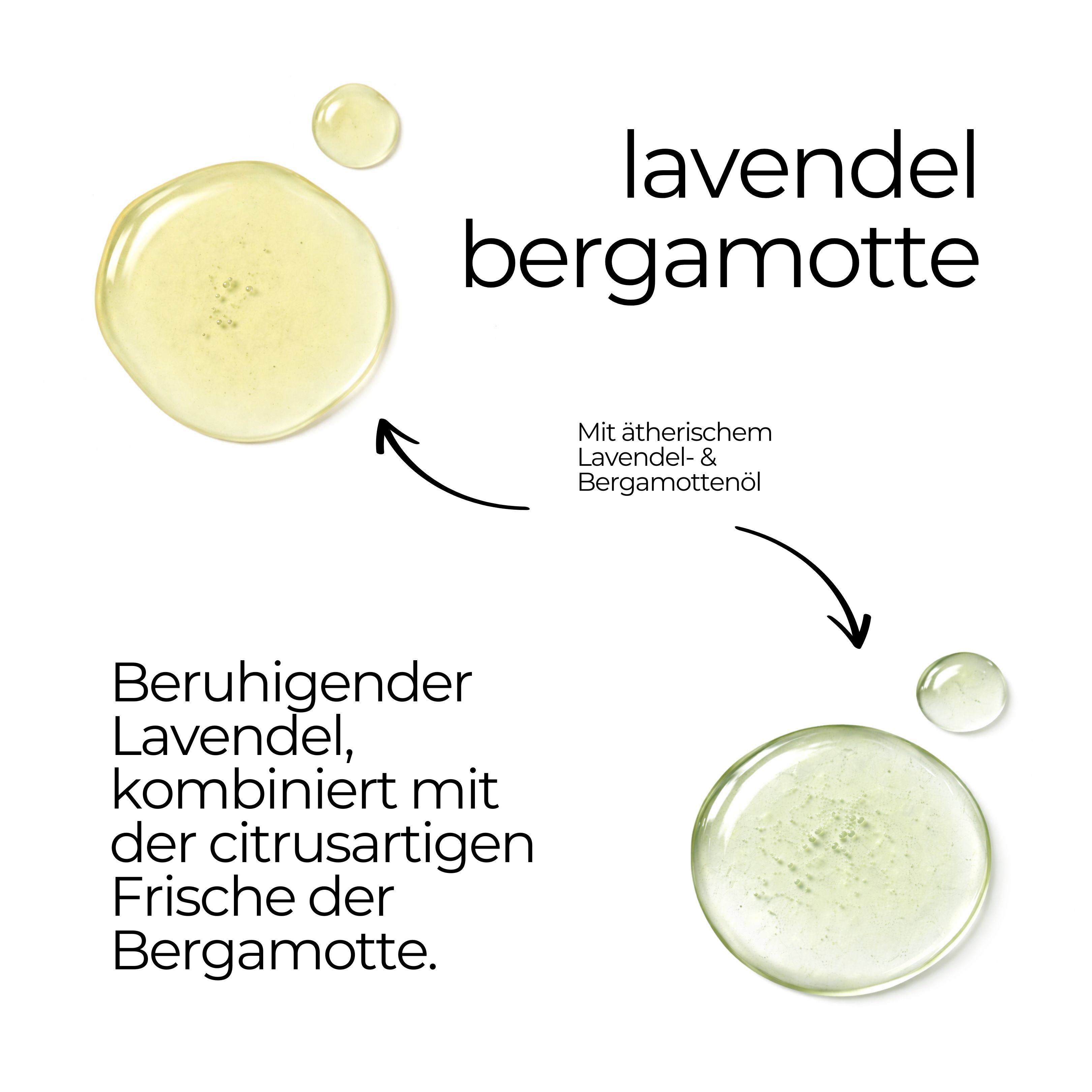 Deux gouttes de liquide jaune. Texte : Lavande Bergamote. Avec huile essentielle de lavande et de bergamote. Lavande apaisante, combinée à la fraîcheur de la bergamote.