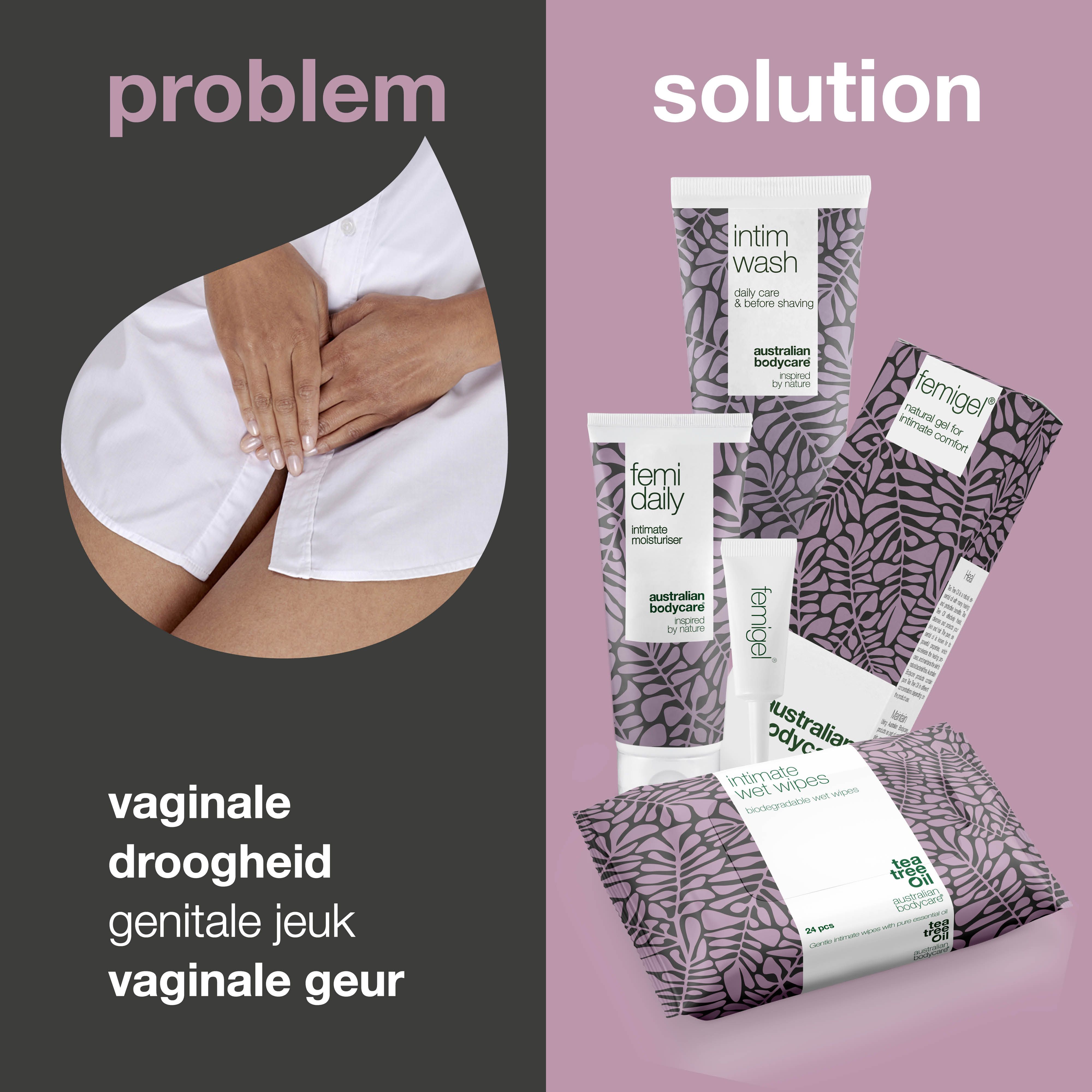 Probleem-oplossing presentatie. Vrouw en intieme verzorgingsproducten. Tekst in het Nederlands.
