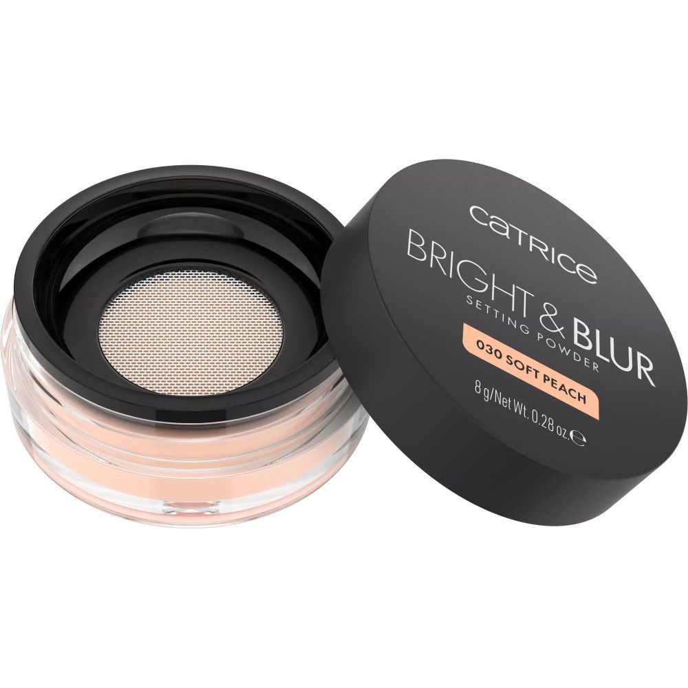 Catrice Bright & Blur Fixierpuder-pot, deksel open. Zwart deksel, witte tekst. Tint 030 Soft Peach.