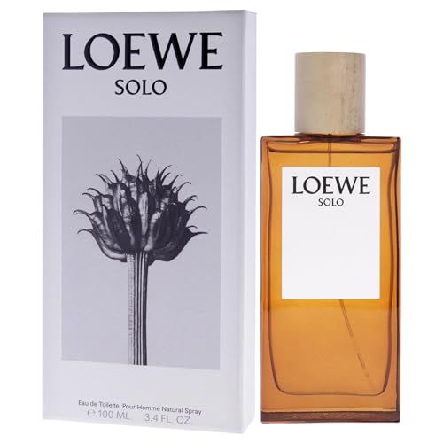 Flacon et emballage Loewe Solo Pour Homme Edt Spray. Flacon rectangulaire avec bouchon en bois. Emballage avec logo et motif floral.