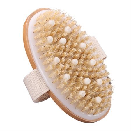 Brosse de massage ovale avec poils naturels et picots, avec sangle.