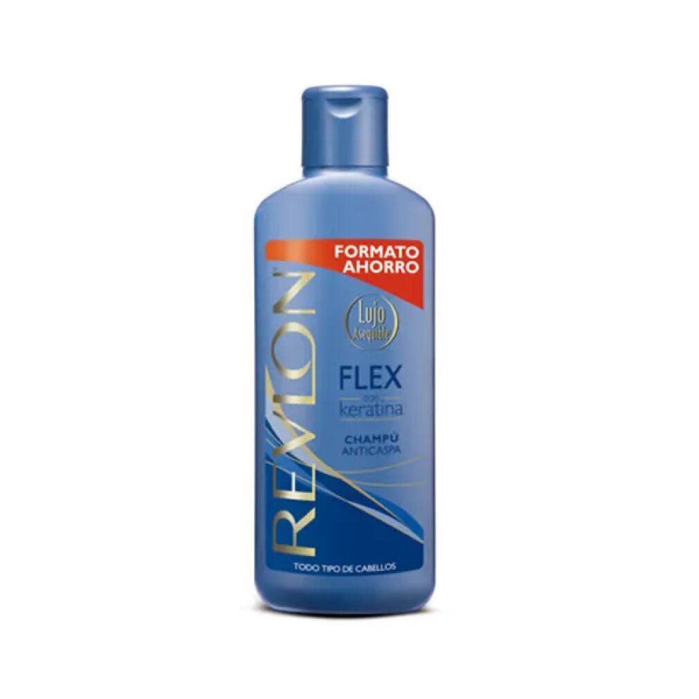 Blauwe fles Revlon Flex anti-roos shampoo. Bevat keratine. Rood label "Formato Ahorro".