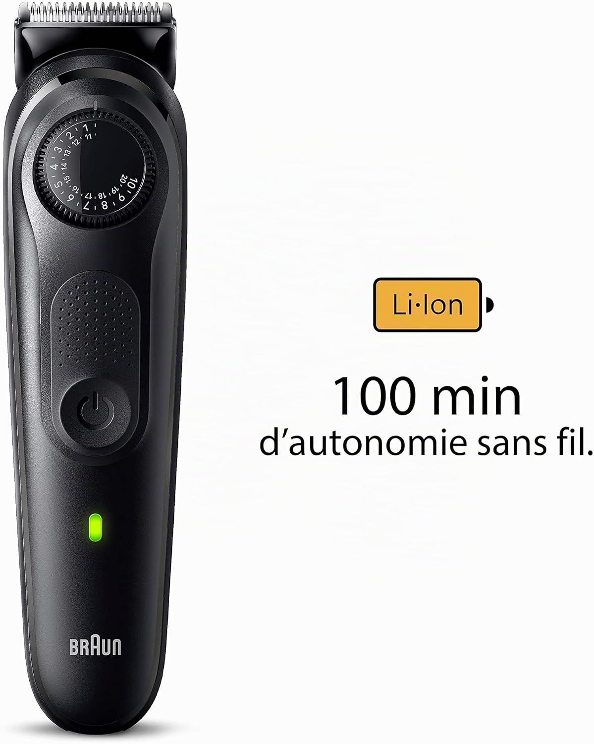Tondeuse à barbe noire Braun avec molette de réglage, bouton d'alimentation et LED verte. Batterie Li-Ion, 100 min d'autonomie.
