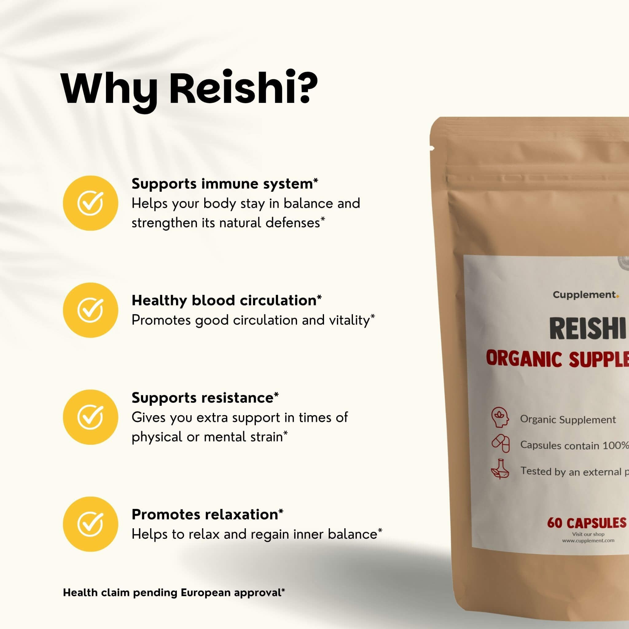 Sachet de gélules de Reishi. Texte : Pourquoi Reishi ? Soutient le système immunitaire, la circulation sanguine, la résistance, la relaxation.