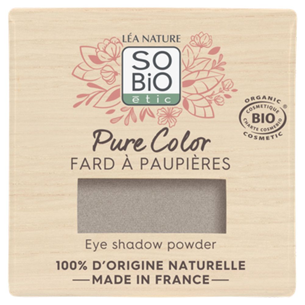 Fard à paupières SO'BiO étic Pure Color. Boîtier rectangulaire avec fard gris. Certification bio. Fabriqué en France.