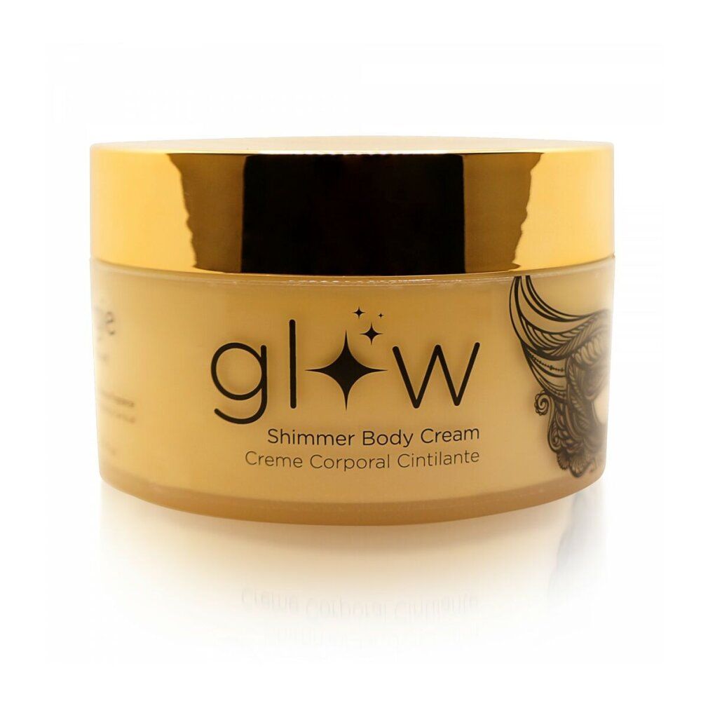 Beige crème in een ronde pot met gouden deksel. Opschrift "glow Shimmer Body Cream".