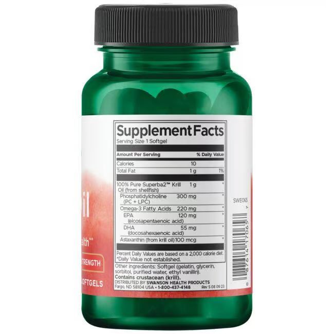 Achterkant van een groene fles met capsules. Opschrift: Voedingsfeiten, 100% pure Superba2 Krill Oil, 1 g per softgel.
