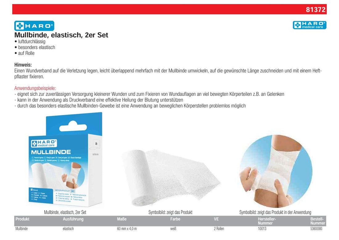 Informations sur le produit Haro Mullbinde. Texte et images, dont une illustration de l'emballage et de l'application.