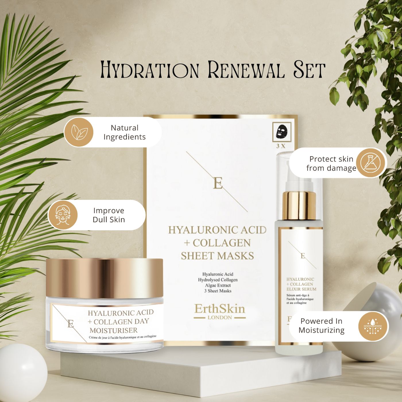 ErthSkin London Hydration Renewal Set: dagcrème, serum en 3 sheet masks.
