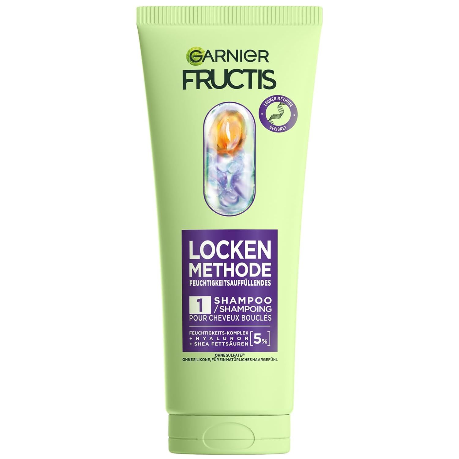 Tube verte de shampooing Garnier Fructis Locken Methode. Texte: Locken Methode, Shampoo, Feuchtigkeitsauffüllendes. Logo et ingrédients.