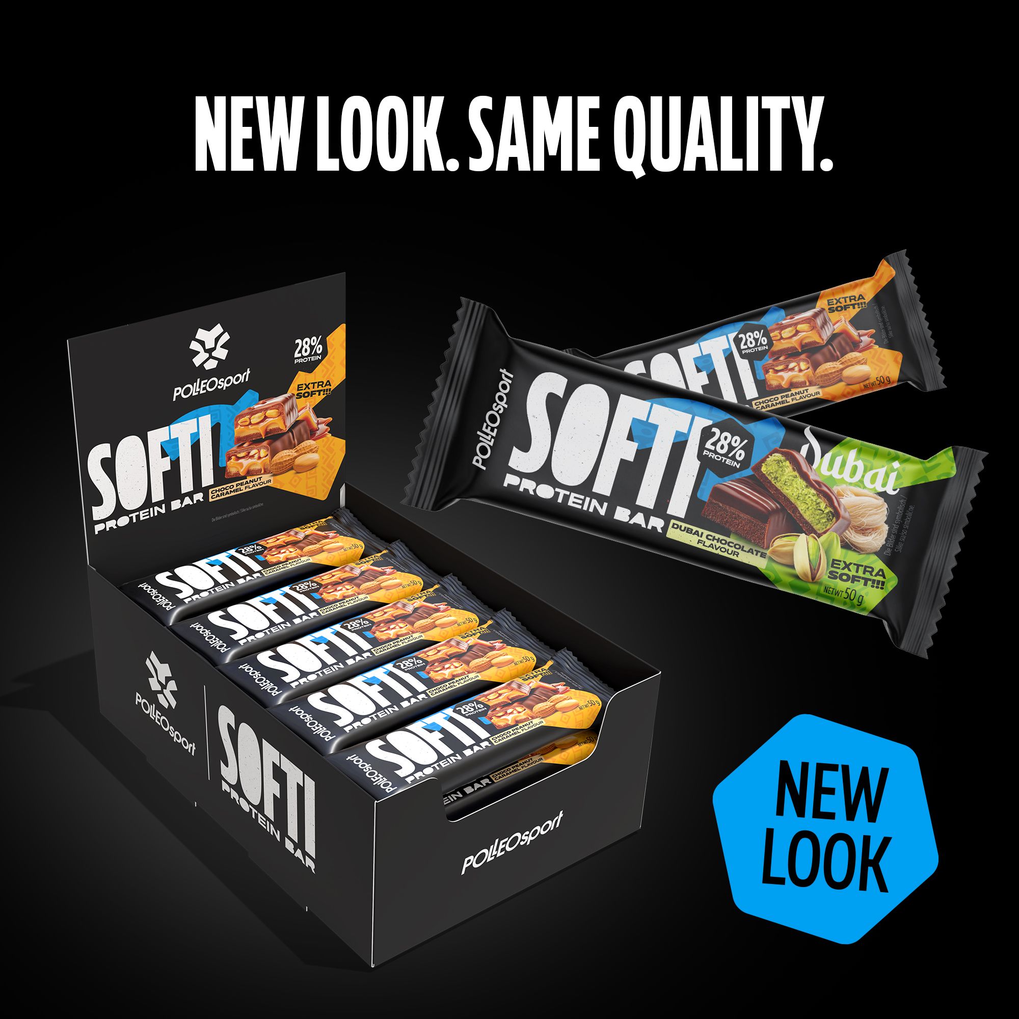 Présentoir de barres protéinées avec différents goûts. Texte: SOFTI PROTEIN BAR, PolleoSport. Inscription: NEW LOOK.