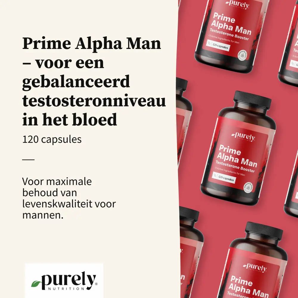 Meerdere flessen met capsules. Tekst: Prime Alpha Man, 120 capsules. Logo: purely nutrition. Rode achtergrond.