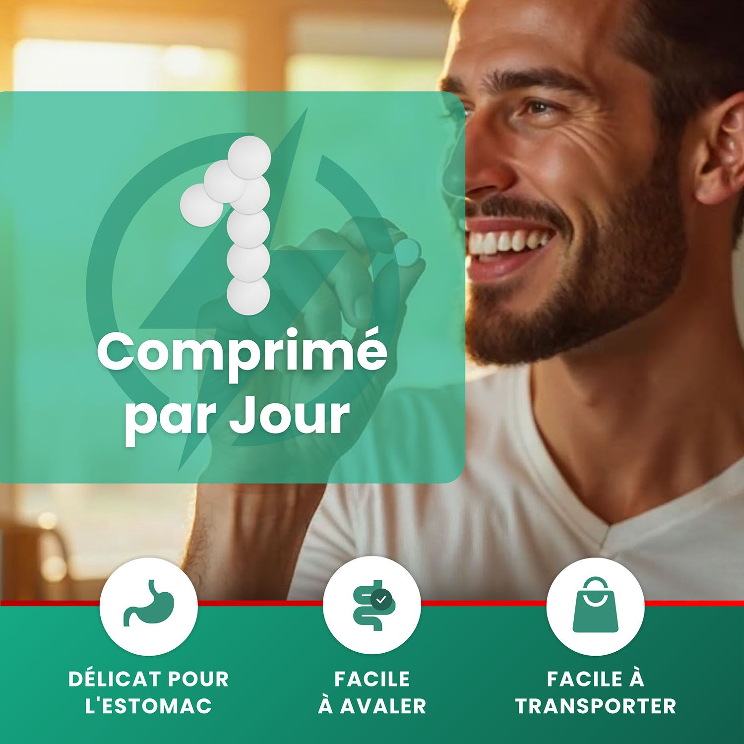 Graphique avec comprimés. Texte : 1 comprimé par jour. Doux pour l'estomac, facile à avaler, facile à transporter.