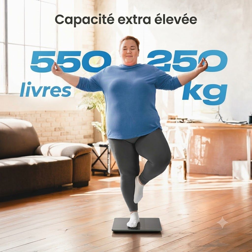 Une personne se tient sur une balance numérique indiquant une capacité de 250 kg.