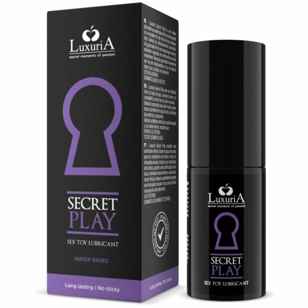 LuxuriA Secret Play glijmiddel voor seksspeeltjes, op waterbasis. Fles en verpakking met sleutelgat-symbool.
