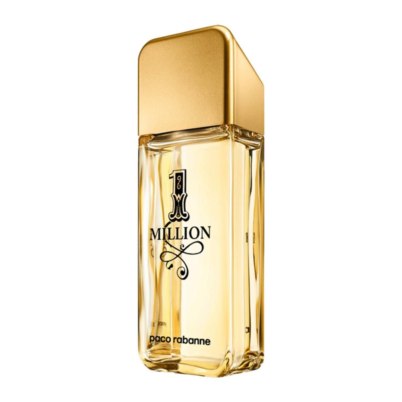 Gouden fles met gouden dop. Opschrift "1 Million" en "paco rabanne".