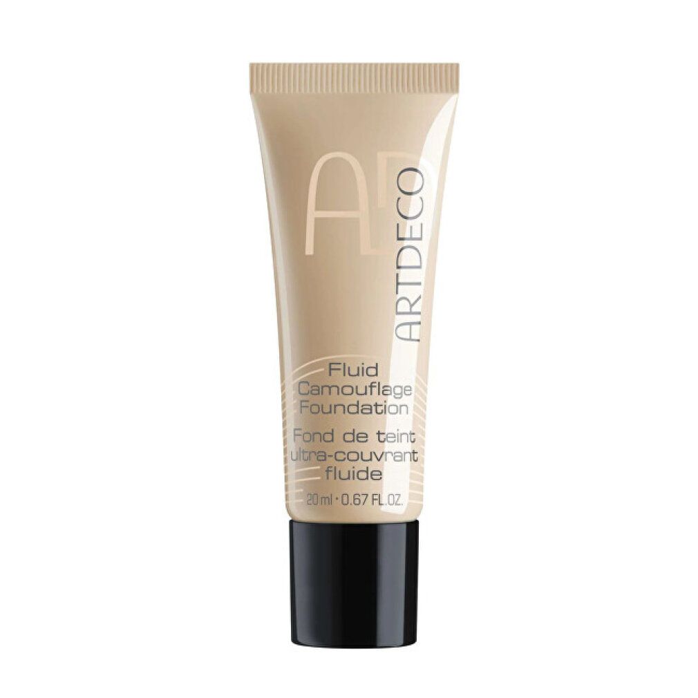 Beige tube met zwarte dop. Artdeco Fluid Camouflage Foundation. Tekst: Fond de teint ultra-couvrant fluide. 20ml - 0.67 FL.OZ.