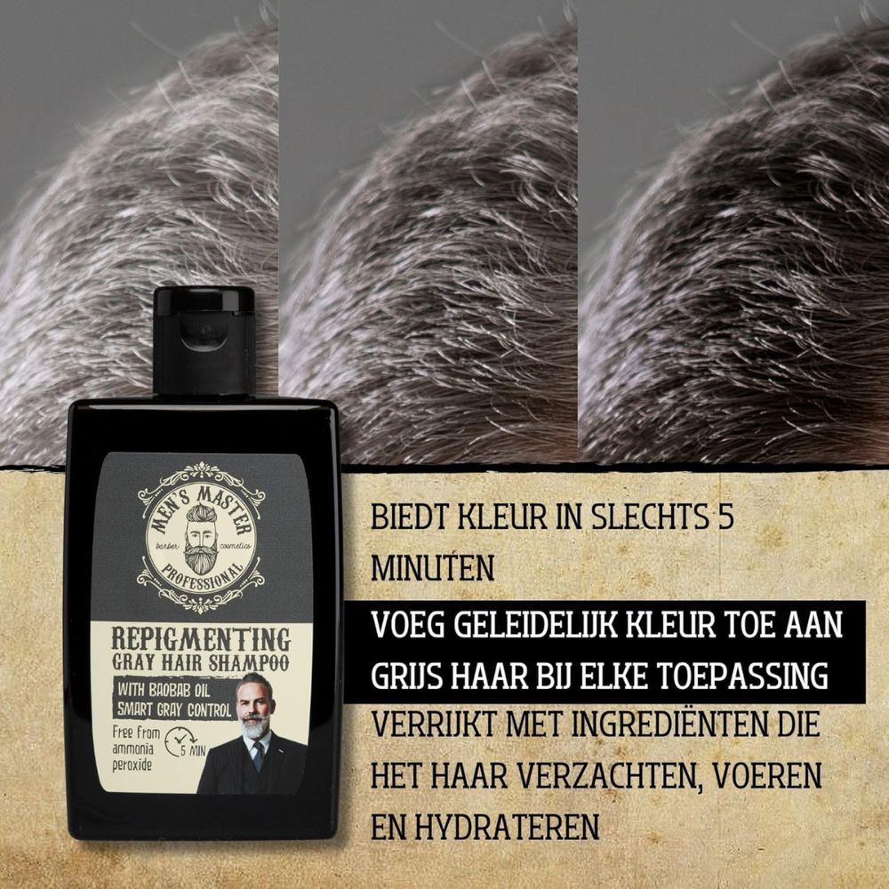 Close-up van grijs haar dat geleidelijk donkerder wordt. Productfles. Tekst: Biedt kleur in 5 minuten. Voegt kleur toe.