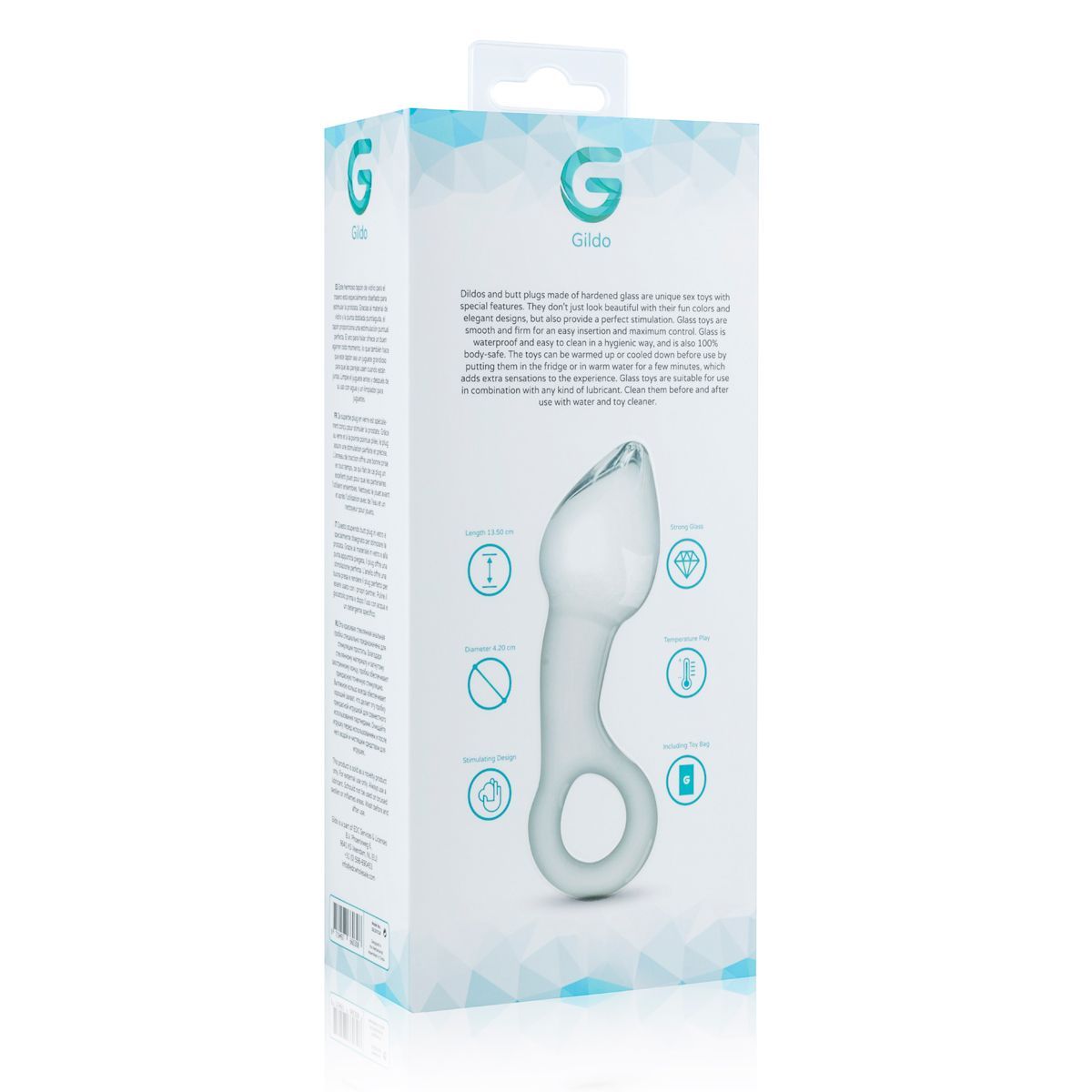 Achterkant van de verpakking. Tekst: productbeschrijving, iconen, 'Gildo'. Illustratie van de anale plug. Op witte achtergrond.