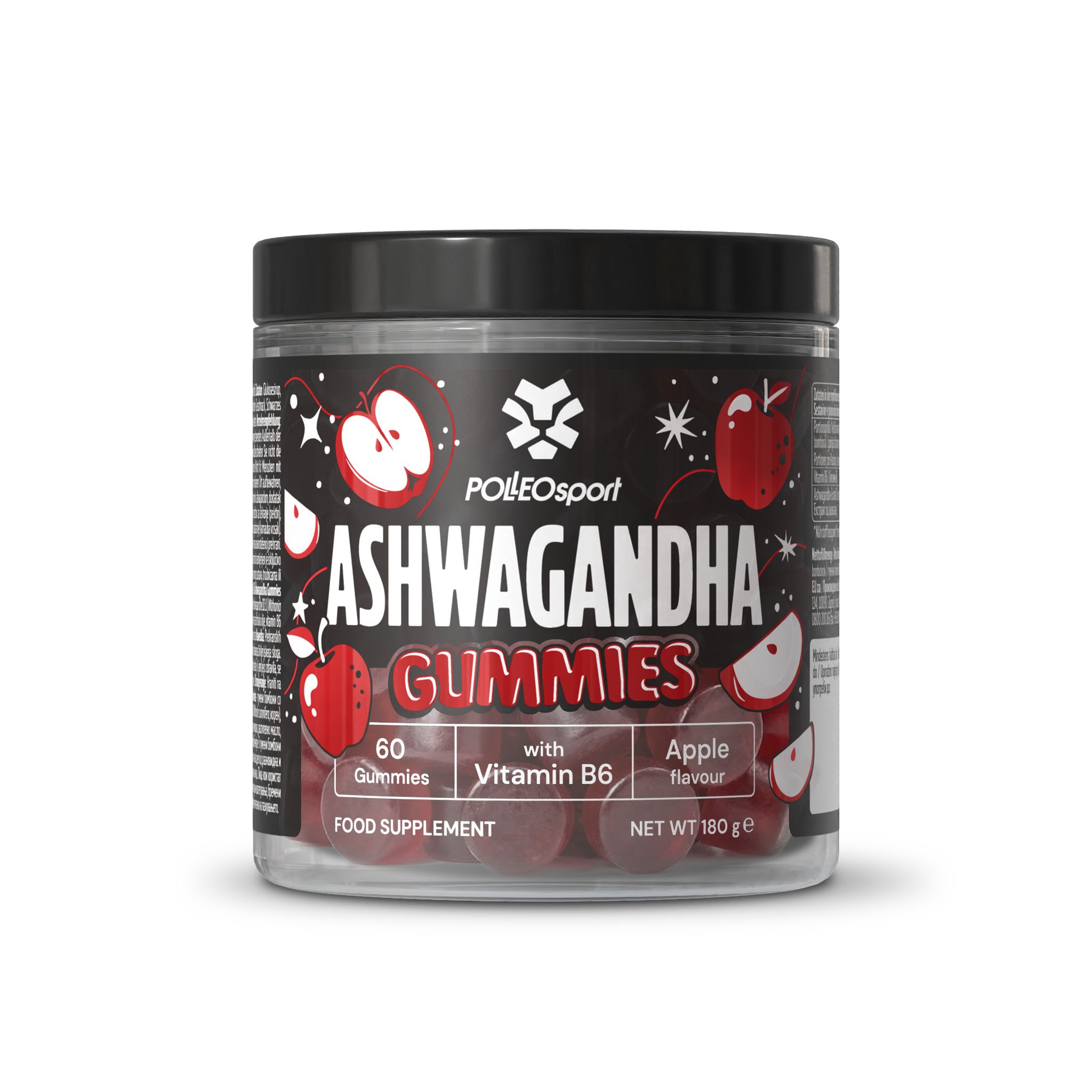 Pot rond noir. Inscription: ASHWAGANDHA GUMMIES, 60 gommes, vitamine B6, goût pomme. Marque: POLLEOsport.