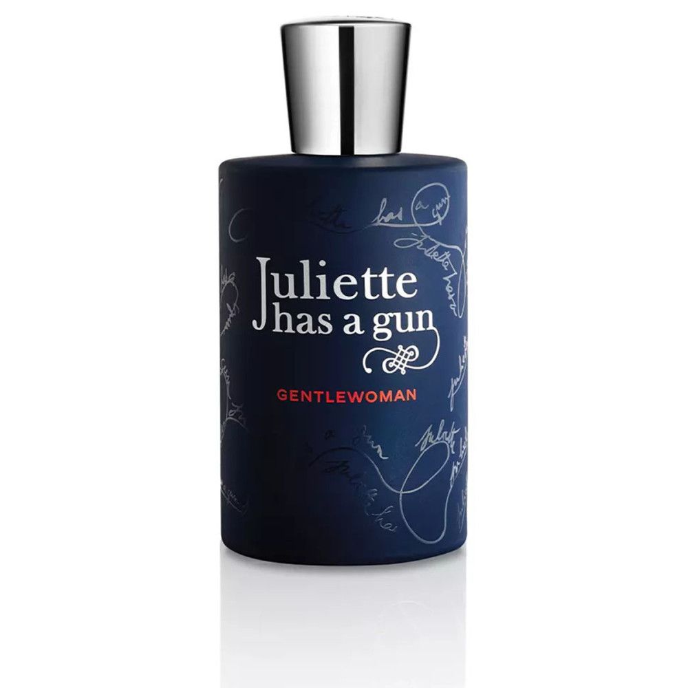 Donkerblauwe fles met zilveren dop. Opschrift: Juliette has a gun, Gentelwoman. Witte letters en versieringen.