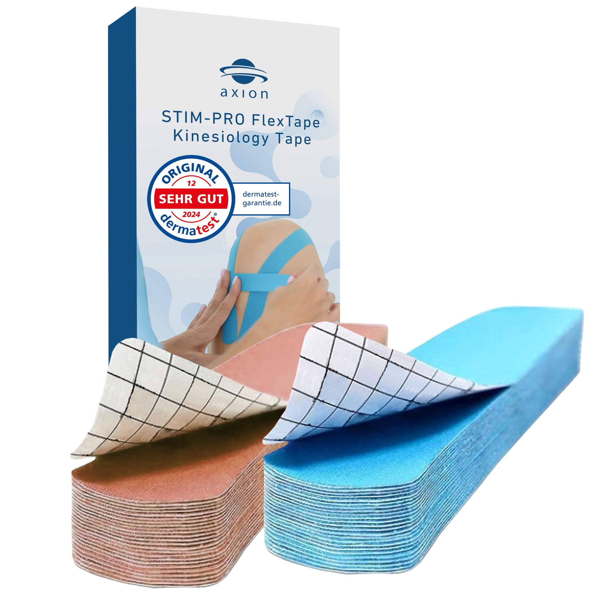 Ruban de kinésiologie beige et bleu en paquet. Marque axion. Évaluation très bonne. Bandes de kinésiologie.