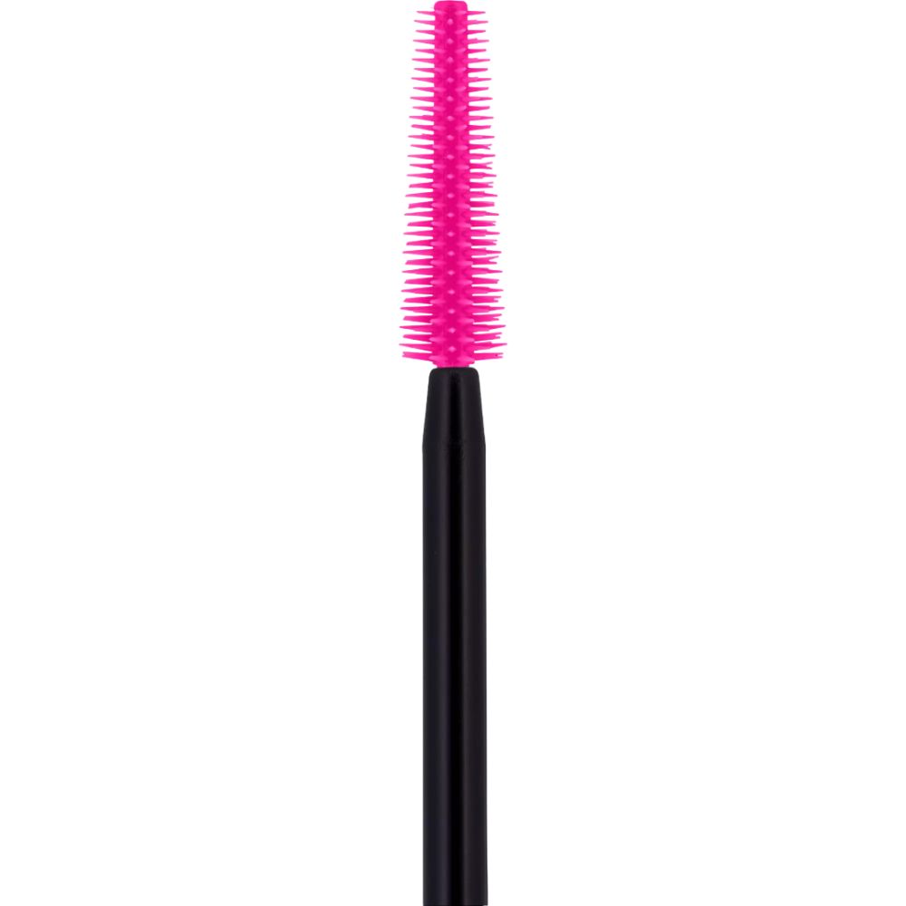 Brosse de mascara rose avec manche noir. Les poils sont denses et fins. Gros plan.