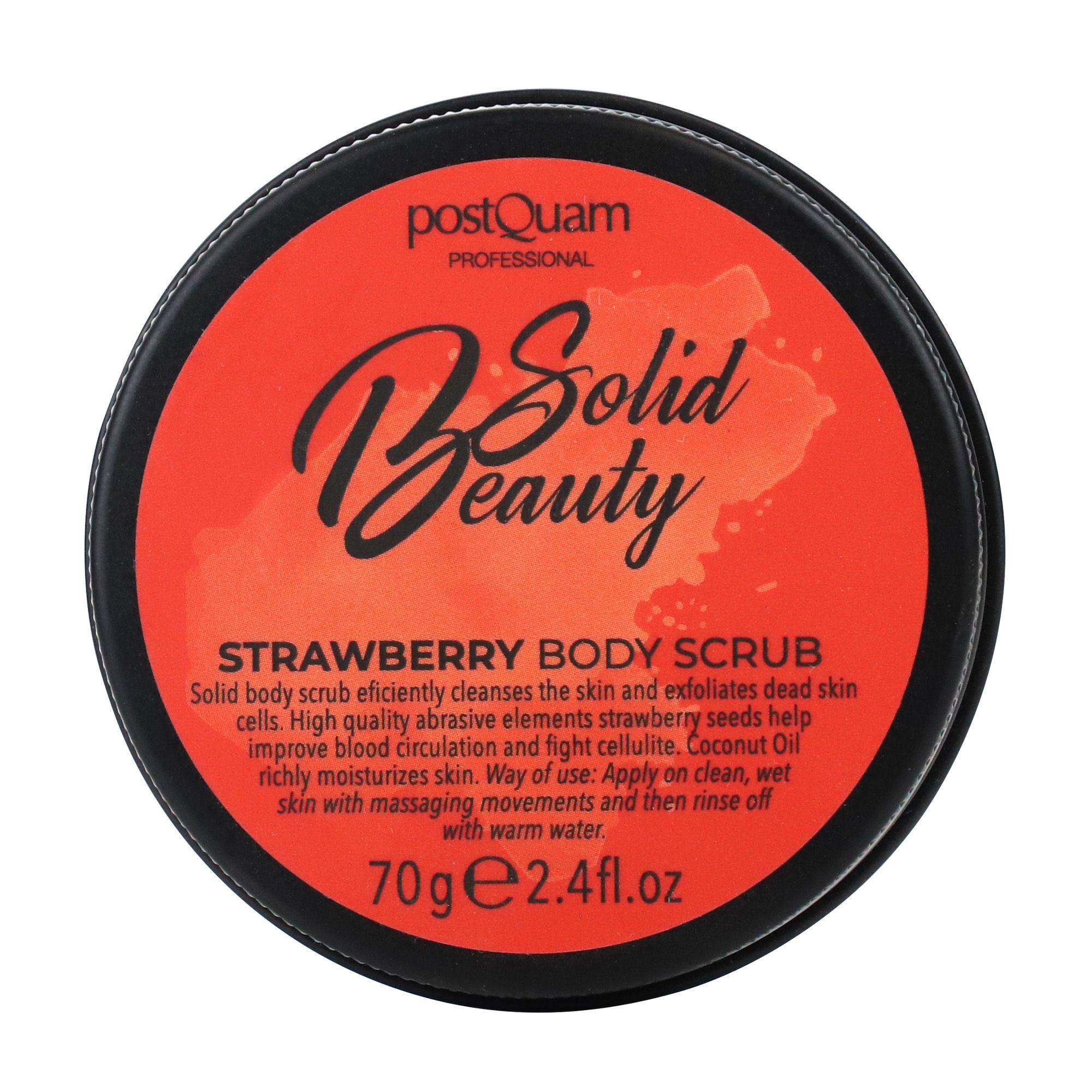 Couvercle rond rouge avec bord noir. Texte: Solid Beauty, Strawberry Body Scrub, Postquam.