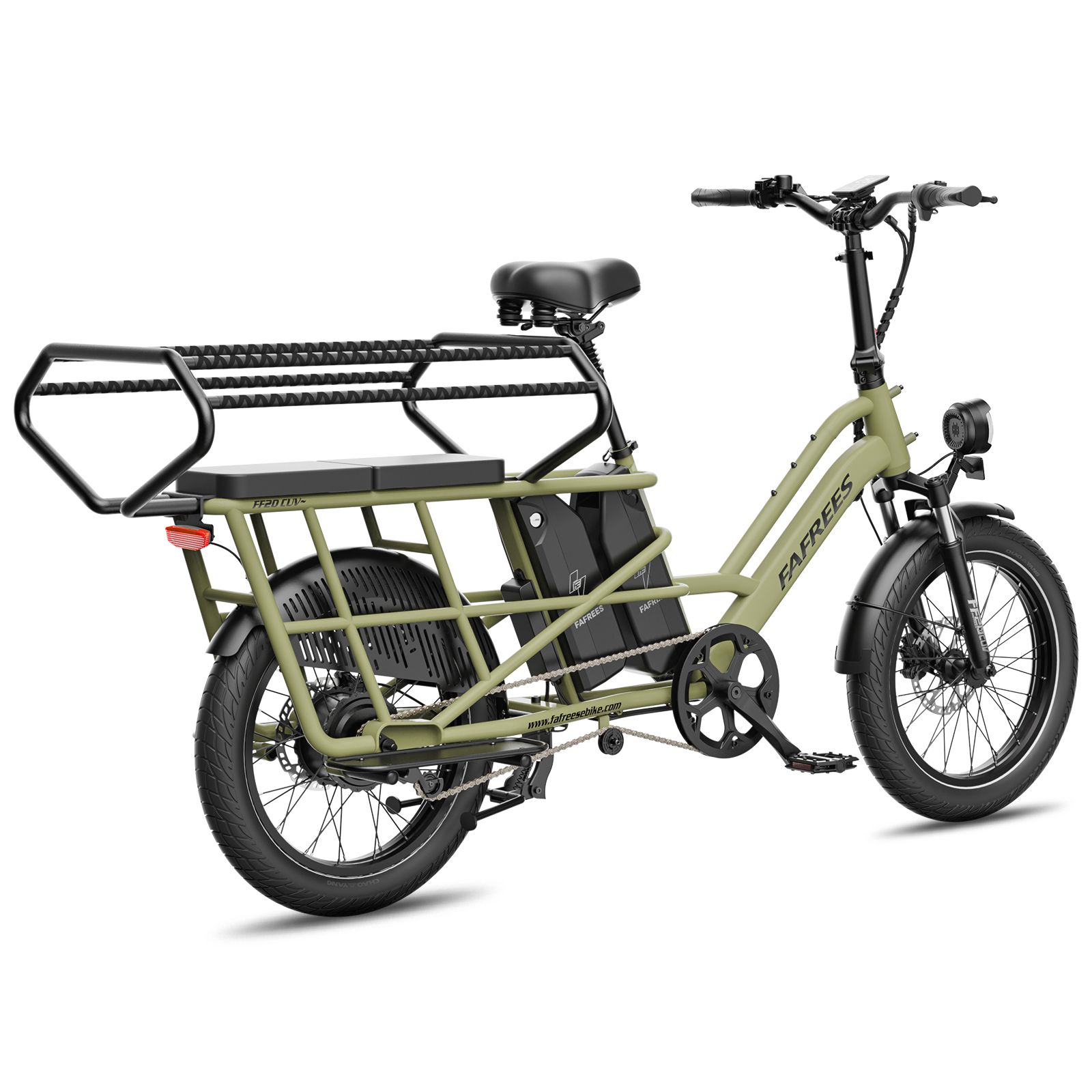 Vélo cargo électrique vert, vue arrière, avec deux batteries et grand porte-bagages.