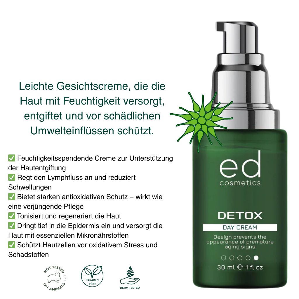 Groene fles met zilveren pomp. Tekst: ED cosmetics, Detox Day Cream. Extra informatie.
