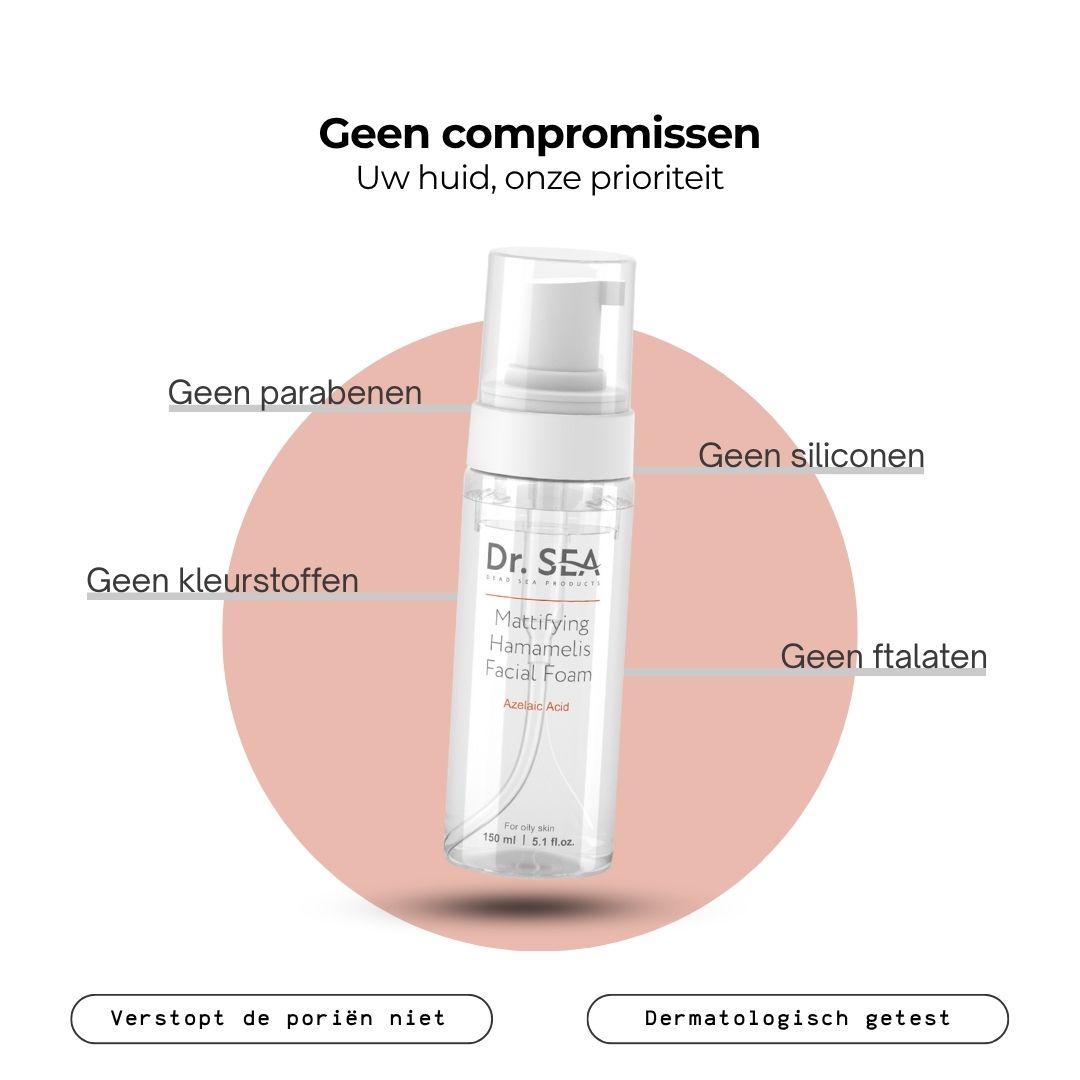 Verschillende producten. Dr. SEA-producten, waaronder Matterende Anti-vlekjesschuim. Tekst en symbolen.