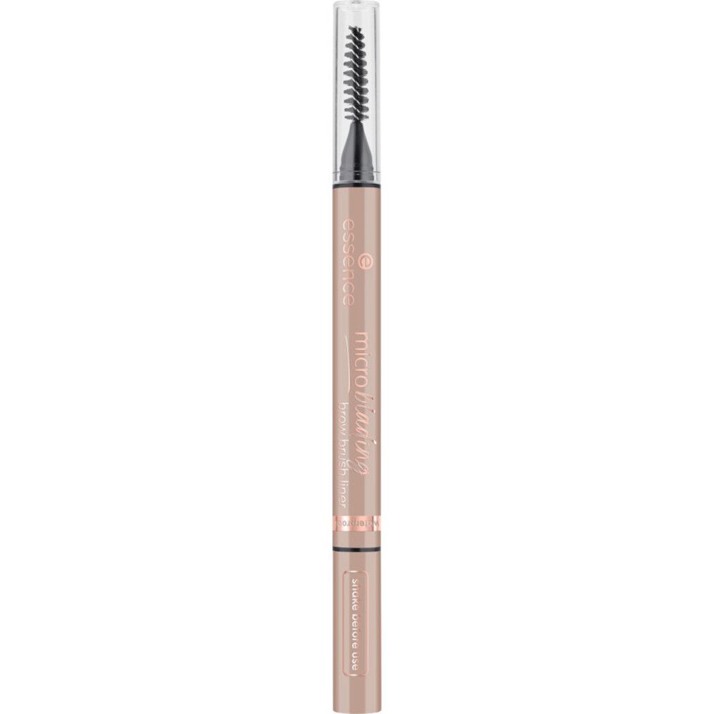 Crayon à sourcils avec brosse. Capuchon transparent. Inscription: Microblading Brow Brush Liner. Marque: Essence.