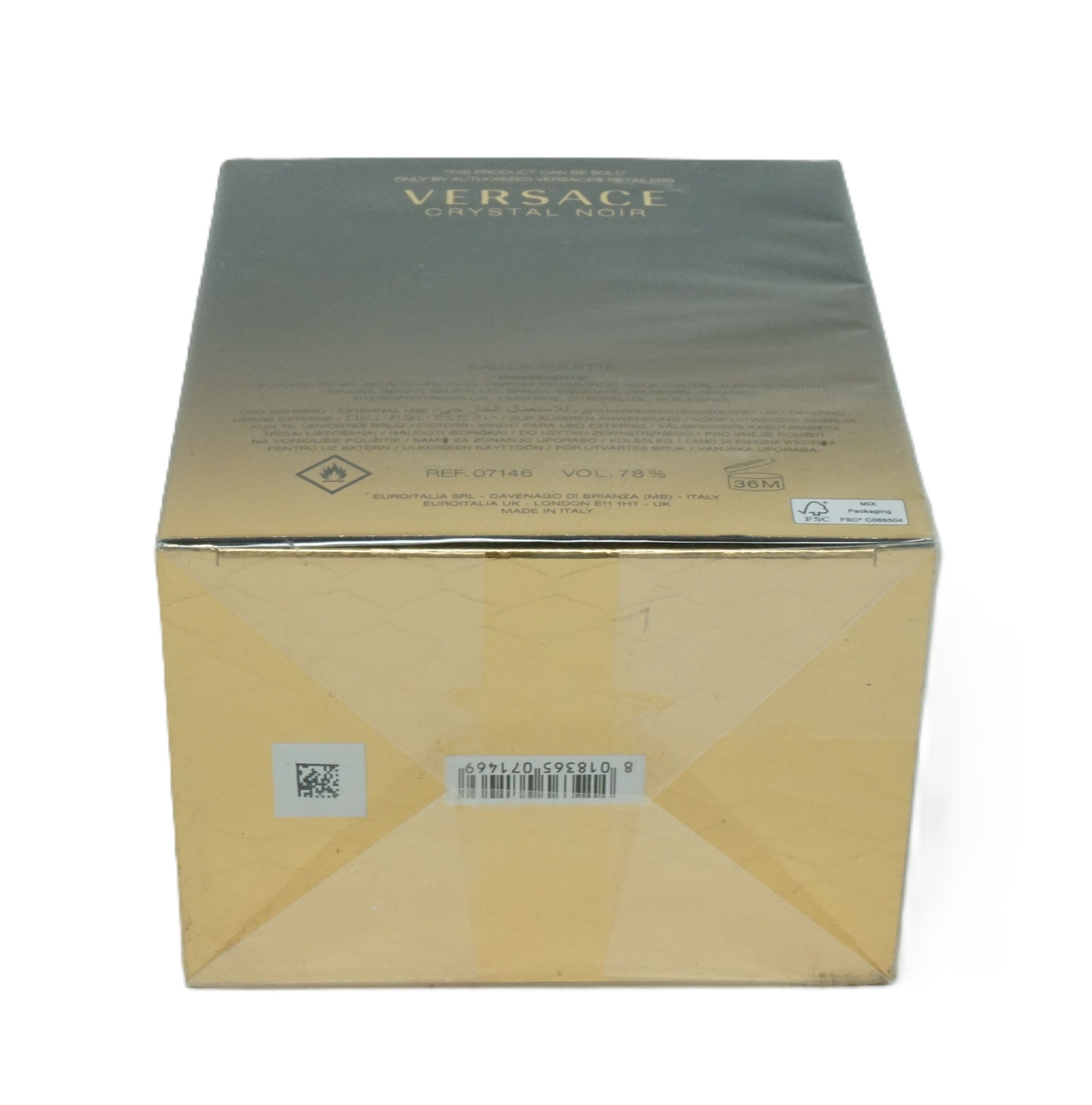 Arrière de la boîte Versace Crystal Noir Eau de Toilette avec informations produit.