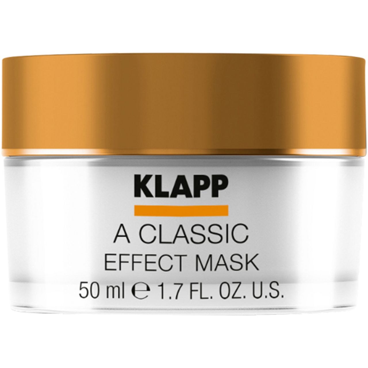 Glazen pot met gouden deksel. Opschrift "KLAPP A Classic Effect Mask". Bevat 50 ml.