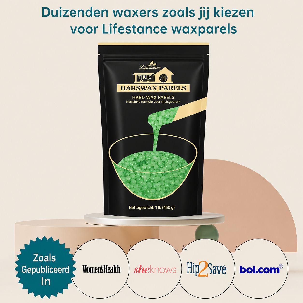 Zwarte zak met groene waxparels en houten spatel. Nettogewicht: 1 lb (450 g).