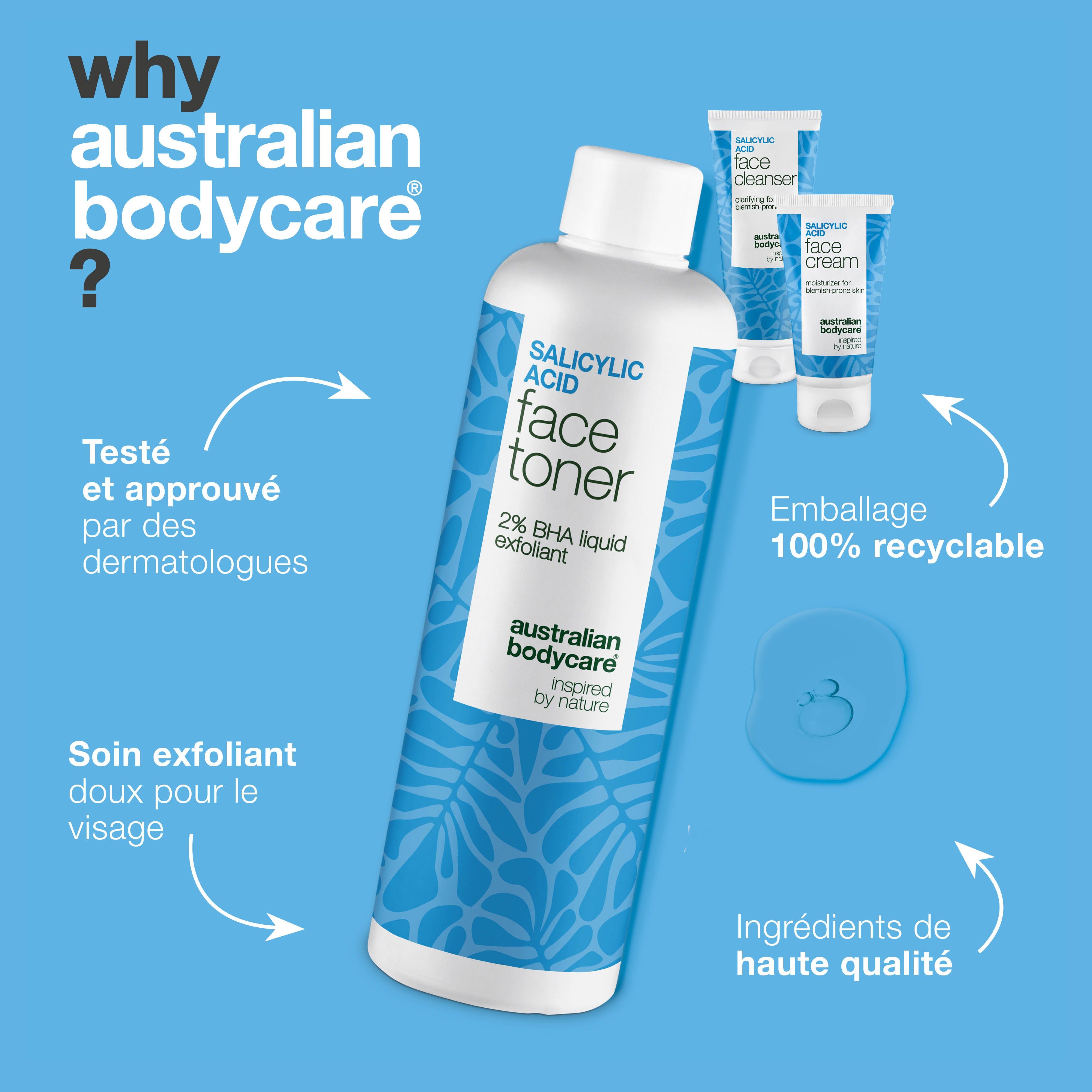 Lotion tonique, nettoyant et crème pour le visage Australian Bodycare. Texte : Pourquoi Australian Bodycare ?